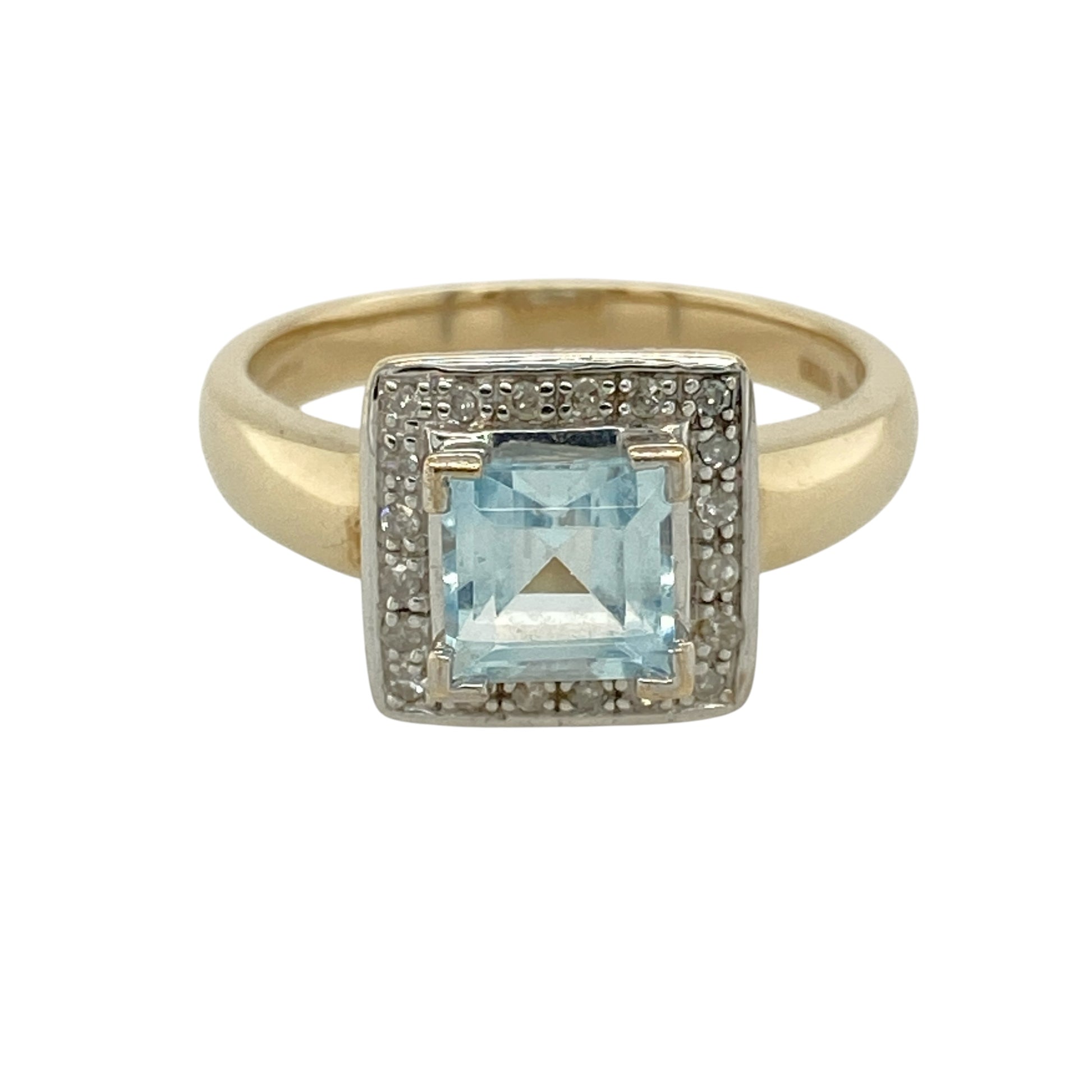 9ct Gold Diamond & Aquamarine Set Square Halo Ring