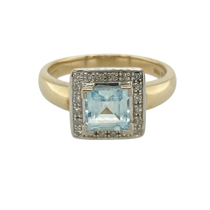 9ct Gold Diamond & Aquamarine Set Square Halo Ring