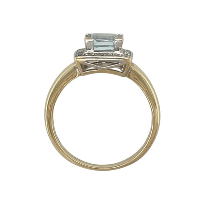 9ct Gold Diamond & Aquamarine Set Square Halo Ring