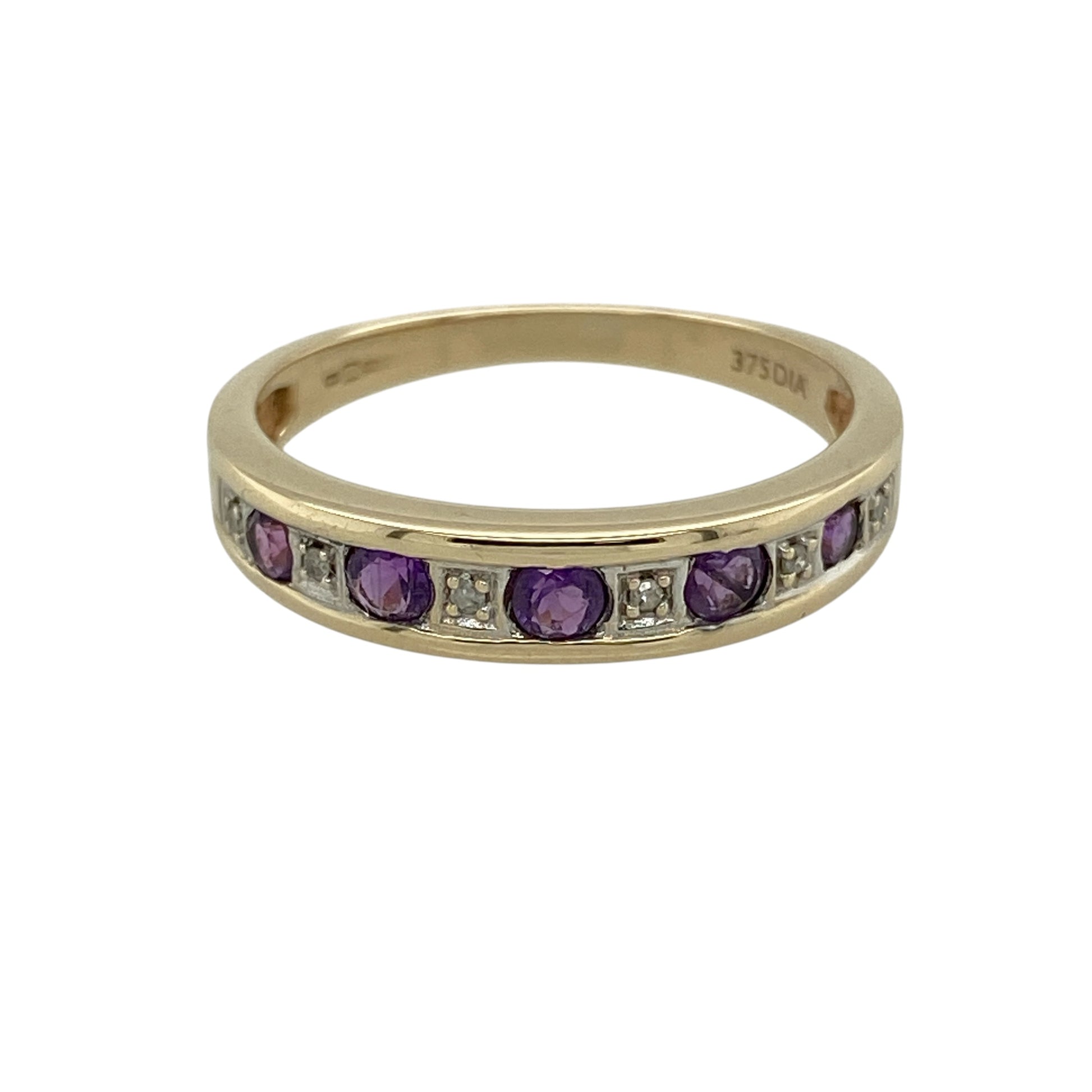 9ct Gold Diamond & Amethyst Set Band Ring