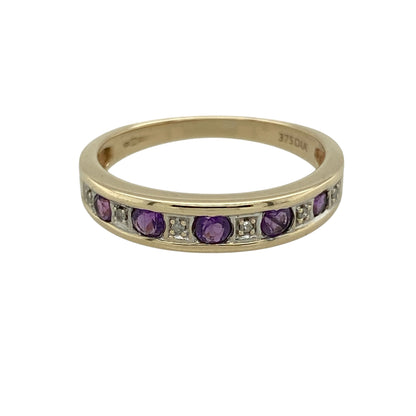 9ct Gold Diamond & Amethyst Set Band Ring