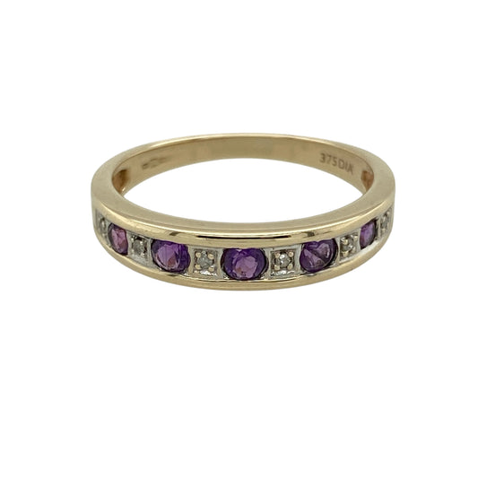 9ct Gold Diamond & Amethyst Set Band Ring