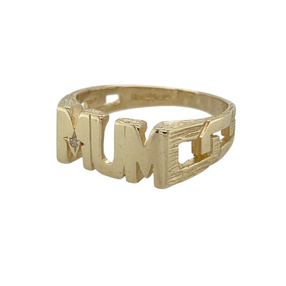 Celebrate love and sentiment with this pre-owned 9ct yellow gold diamond set Mum ring—an elegant and meaningful piece with timeless appeal.

Design: The ring features a front measuring approximately 6mm in height, showcasing a classic Mum design accented with sparkling diamonds for a bright and eye-catching finish.
Material: Made from 9-carat yellow gold, the polished finish enhances the warmth of the metal while complementing the brilliance of the diamonds.