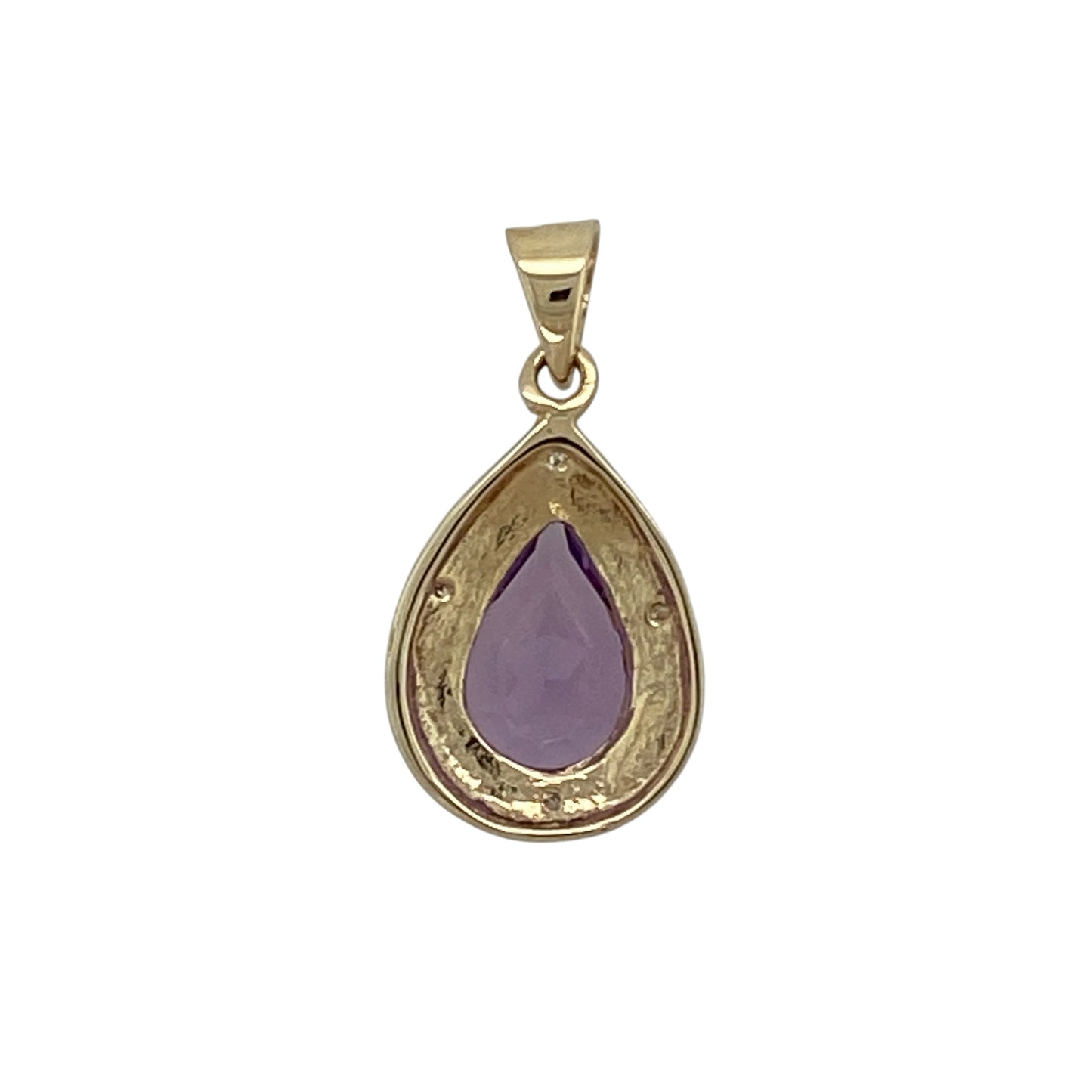 Add elegant colour and graceful sparkle to your collection with this pre-owned 9ct yellow and white gold diamond and amethyst set pendant—an eye-catching piece with timeless appeal.

Design: The pendant features a 10mm by 7mm teardrop-shaped amethyst, complemented by sparkling diamond accents that enhance its rich purple tone and create a refined focal point.