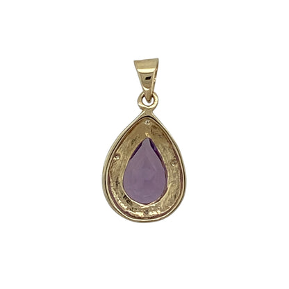Add elegant colour and graceful sparkle to your collection with this pre-owned 9ct yellow and white gold diamond and amethyst set pendant—an eye-catching piece with timeless appeal.

Design: The pendant features a 10mm by 7mm teardrop-shaped amethyst, complemented by sparkling diamond accents that enhance its rich purple tone and create a refined focal point.