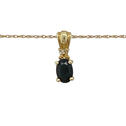 Add timeless elegance and rich colour to your collection with this pre-owned 9ct yellow gold diamond and sapphire set pendant on a Prince of Wales chain necklace—an effortlessly stylish piece with classic appeal.

Design: The necklace features a pendant measuring approximately 1.3cm in length including the bail, set with a 6mm by 4mm oval sapphire, complemented by sparkling diamond accents that enhance its deep blue tone.