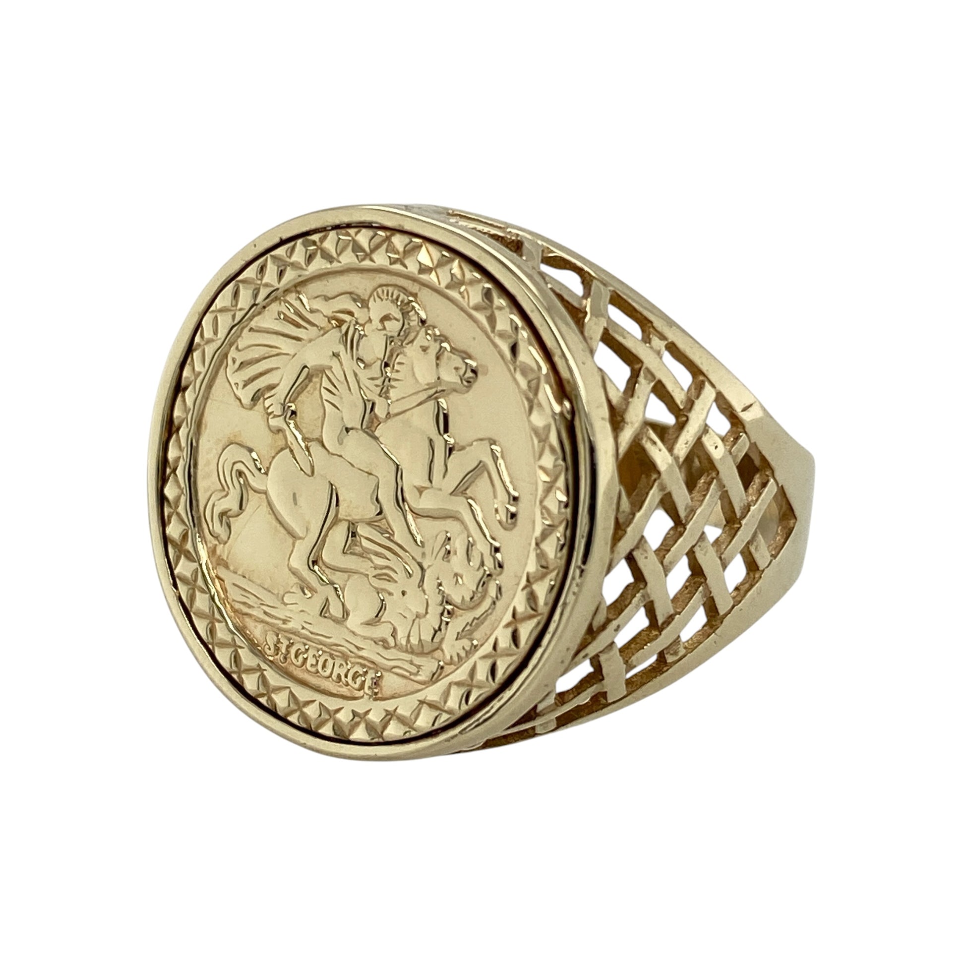 Make a bold and historic statement with this pre-owned 9ct yellow gold George and the Dragon signet ring—an eye-catching piece rich in tradition and character.

Design: The ring features a large signet face measuring approximately 22mm in height, depicting the iconic Saint George and the Dragon scene in detailed relief. The shoulders are designed in an open basket style, adding depth and structure while keeping the ring visually balanced.