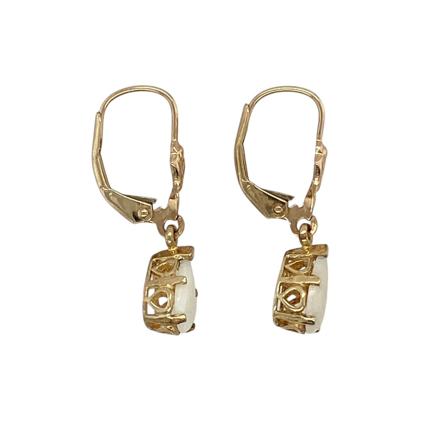 Add a soft shimmer and elegant movement to your collection with these pre-owned 9ct yellow gold opalique set teardrop drop earrings—an effortlessly stylish pair with timeless appeal.

Design: The earrings feature teardrop-shaped opalique stones measuring approximately 8mm by 5mm, offering a subtle iridescent glow that catches the light beautifully.
Material: Made from 9-carat yellow gold, the polished finish enhances the warmth of the metal while complementing the gentle shimmer of the opalique stones.