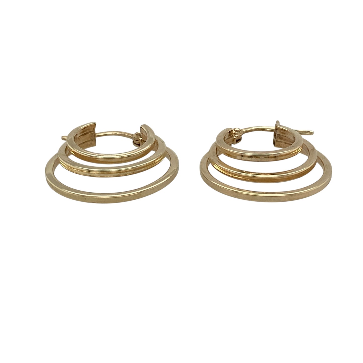 Add layered elegance and timeless style to your collection with these pre-owned 9ct yellow gold three hoop creole earrings—an effortlessly stylish pair with classic appeal.

Design: The earrings feature a triple hoop creole design, creating a layered look that adds depth and visual interest while maintaining a sleek silhouette.
Material: Made from 9-carat yellow gold, the polished finish enhances the warm tone of the metal and gives the earrings a refined shine.
