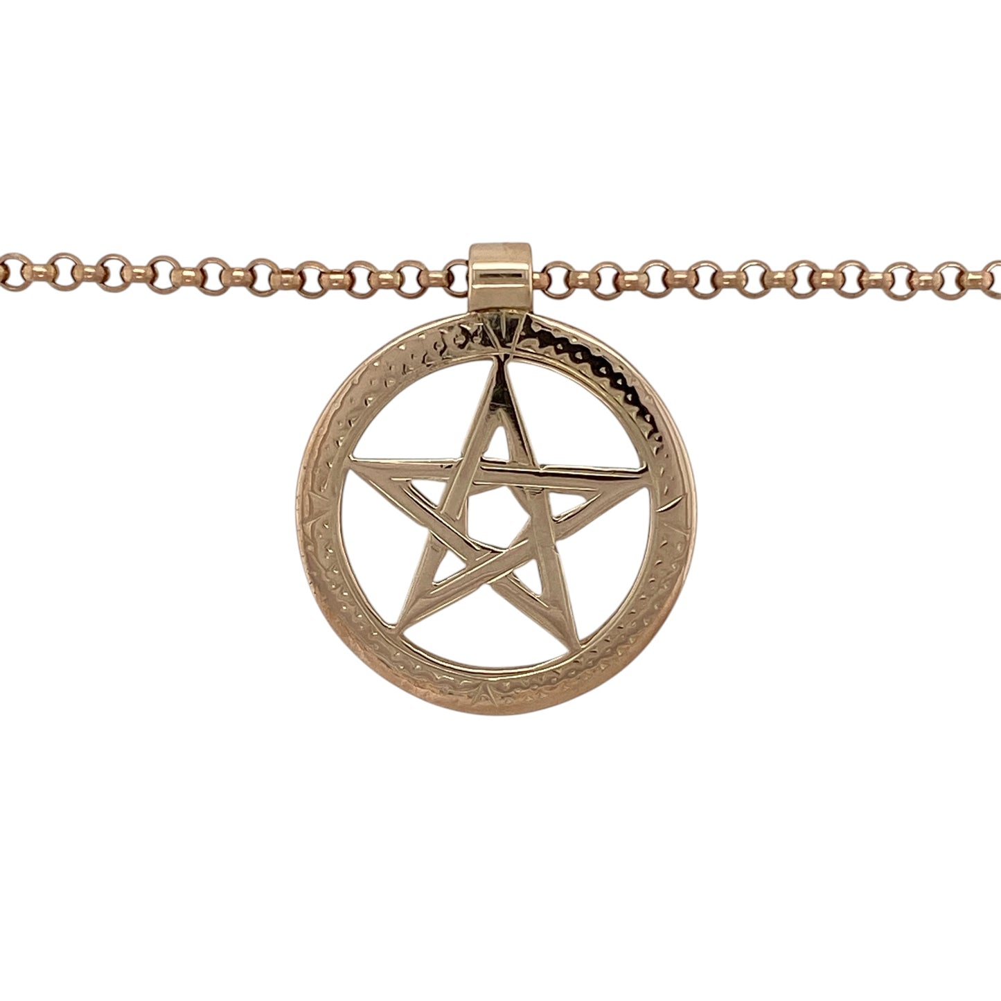 Add symbolic style and warm tones to your collection with this pre-owned 9ct rose gold pentagram star round pendant on a belcher chain necklace—an eye-catching piece with distinctive appeal.

Design: The necklace features a round pendant with a pentagram star motif, measuring approximately 3cm in length including the bail, creating a bold and meaningful focal point.
Material: Made from 9-carat rose gold, the polished finish enhances the soft, warm tone of the metal and gives the piece a rich, elegant glow.