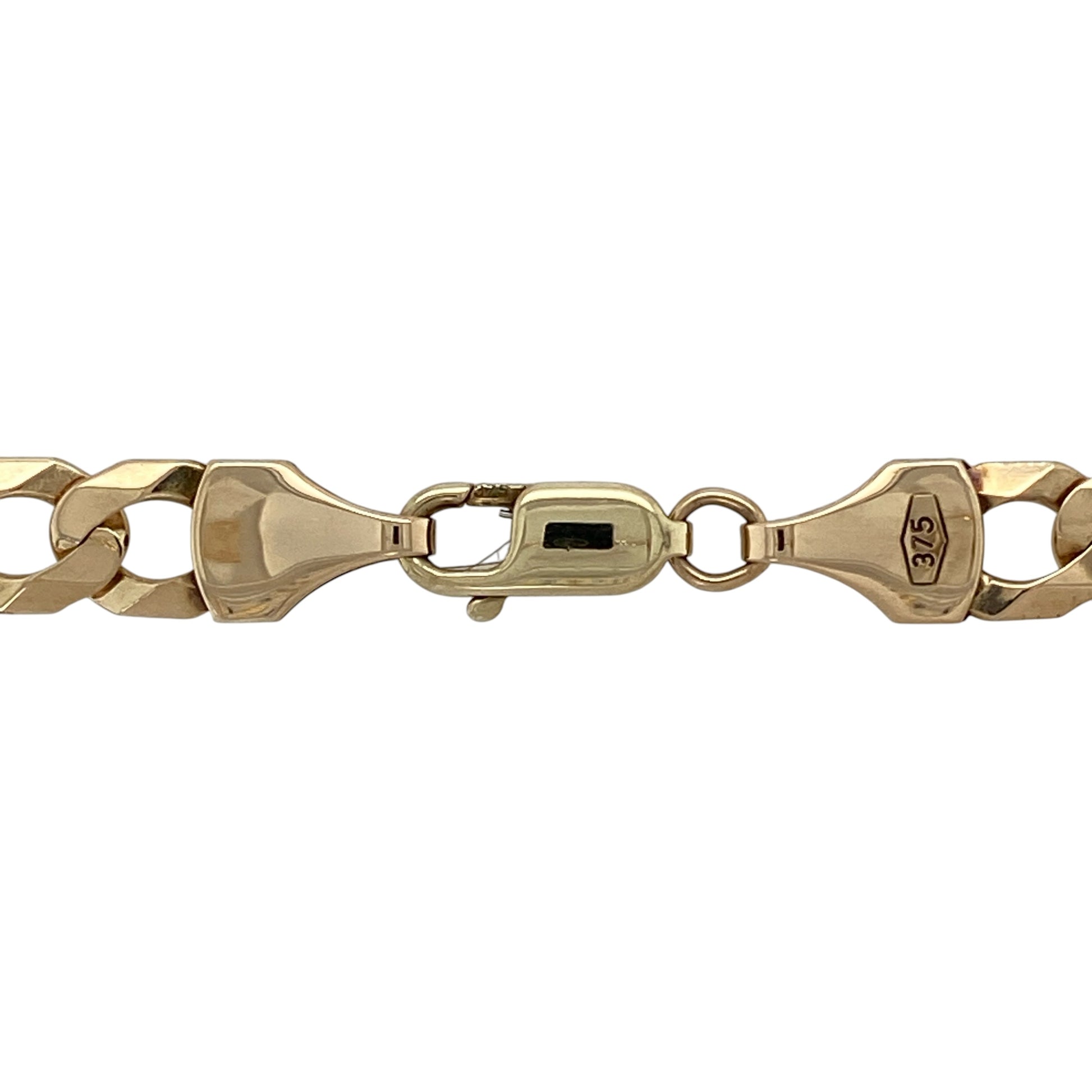 Make a powerful statement with this pre-owned 9ct yellow gold curb chain—an impressive piece with bold presence and timeless appeal.

Design: The chain features a substantial 7mm wide curb link design, creating a strong and structured look with smooth, interlocking links that sit comfortably against the skin.
Material: Made from 9-carat yellow gold, the polished finish enhances the rich, warm tone of the metal while adding a bright, reflective shine.