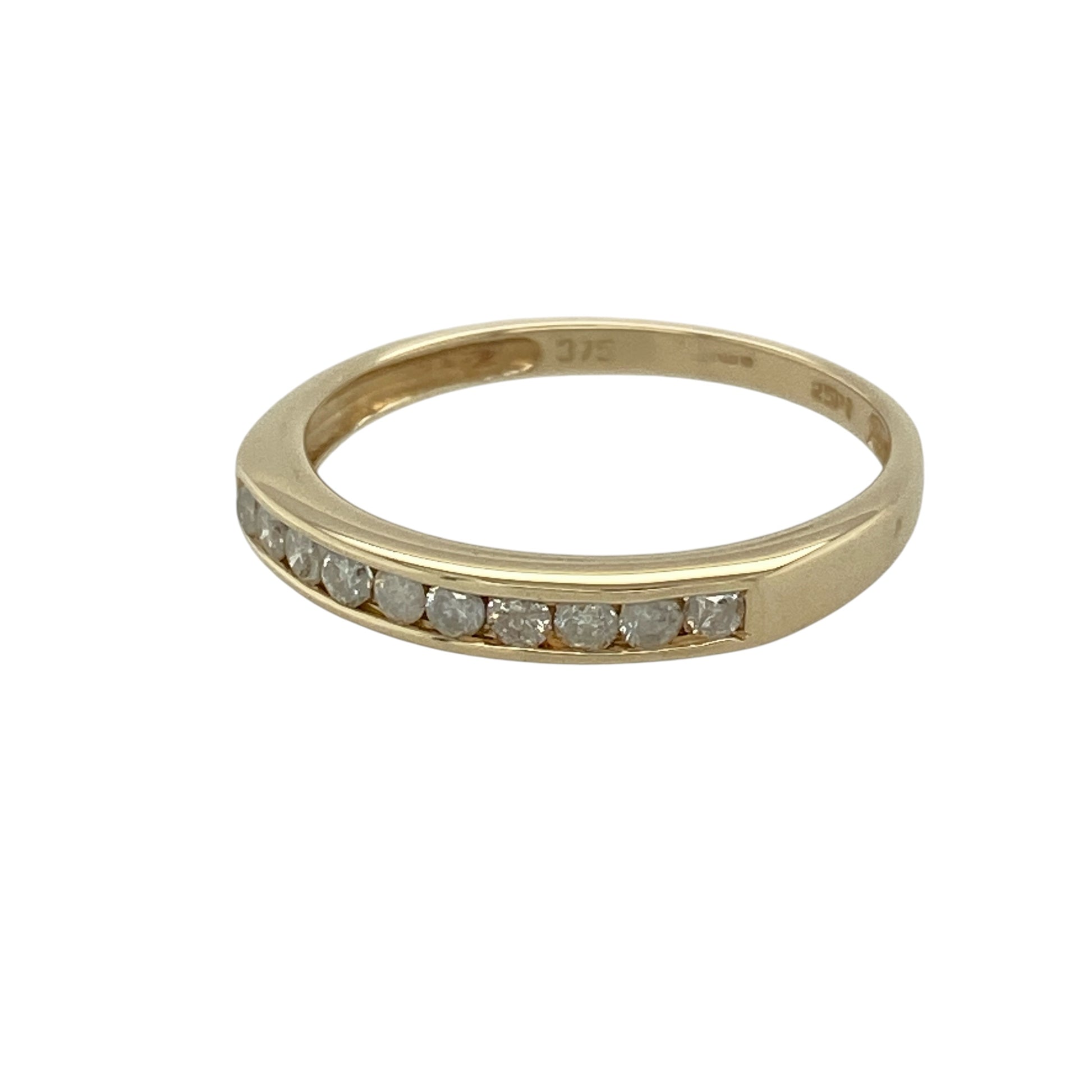 Add refined sparkle and timeless elegance to your collection with this pre-owned 9ct yellow gold diamond set band ring—an effortlessly stylish piece with classic appeal.

Design: The ring features a slim band measuring approximately 2.5mm at the front, set with diamonds totalling around 0.25ct, creating a bright and eye-catching finish.
Material: Made from 9-carat yellow gold, the polished finish enhances the warmth of the metal while complementing the brilliance of the diamonds.