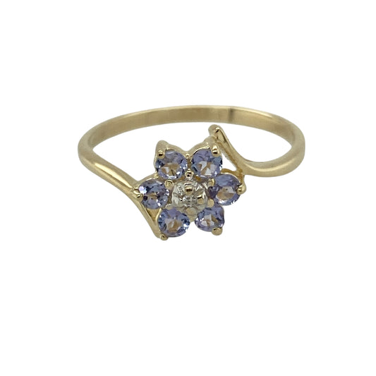 9ct Gold Diamond & Tanzanite Set Flower Cluster Twist Ring