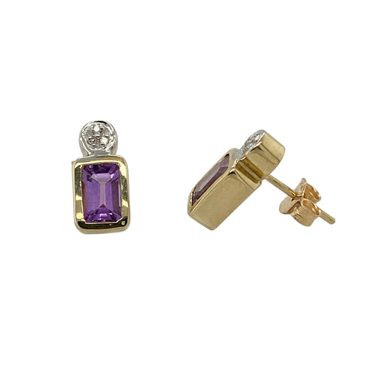9ct Gold Diamond & Amethyst Set Stud Earrings