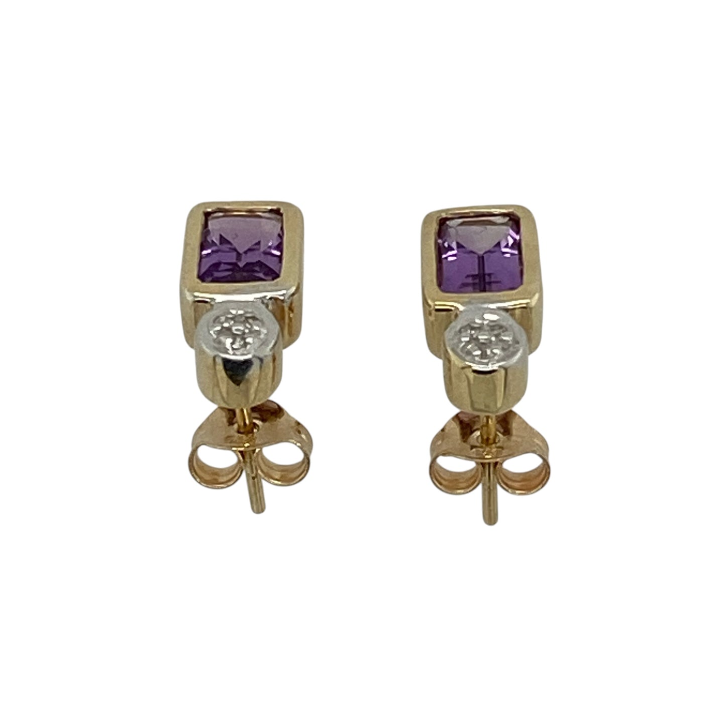 9ct Gold Diamond & Amethyst Set Stud Earrings