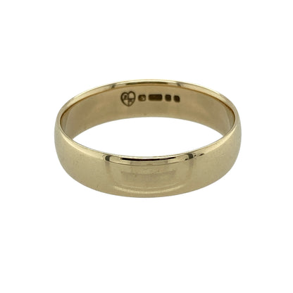 Celebrate timeless style with this pre-owned 9ct yellow gold 5mm wedding band ring—an elegant and classic piece designed for everyday wear.

Design: The ring features a traditional band measuring approximately 5mm in width, offering a smooth and slightly bolder profile for a strong yet refined look.
Material: Made from 9-carat yellow gold, the polished finish enhances the warm tone of the metal and provides a clean, classic shine.