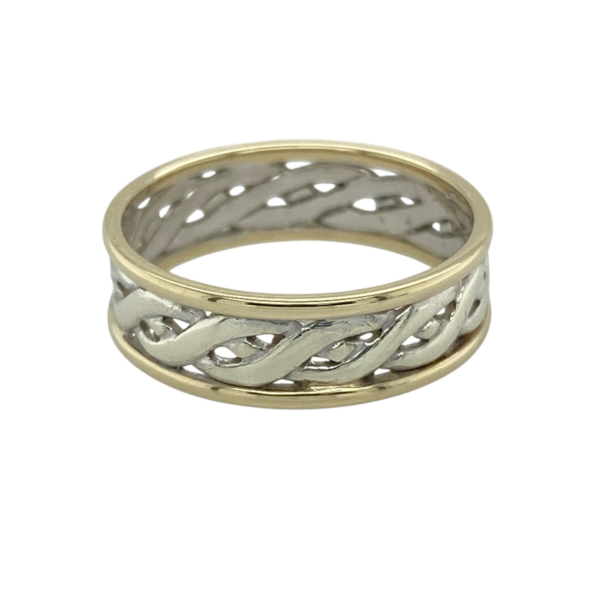 Add timeless symbolism and bold style to your collection with this pre-owned 9ct yellow and white gold Celtic weave band ring—an eye-catching piece with classic appeal.

Design: The ring features a 6mm wide band with an intricate Celtic weave pattern, creating a continuous interwoven design that symbolises eternity and connection.
Material: Made from 9-carat yellow and white gold, the two-tone finish enhances the woven detailing while adding contrast and visual interest.