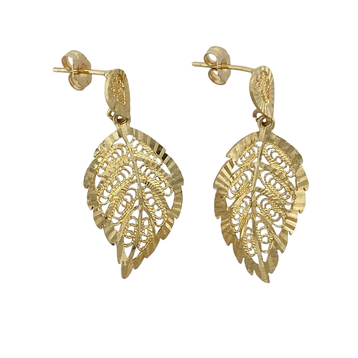 9ct Gold Filigree Open Patterned Leaf Drop Earrings