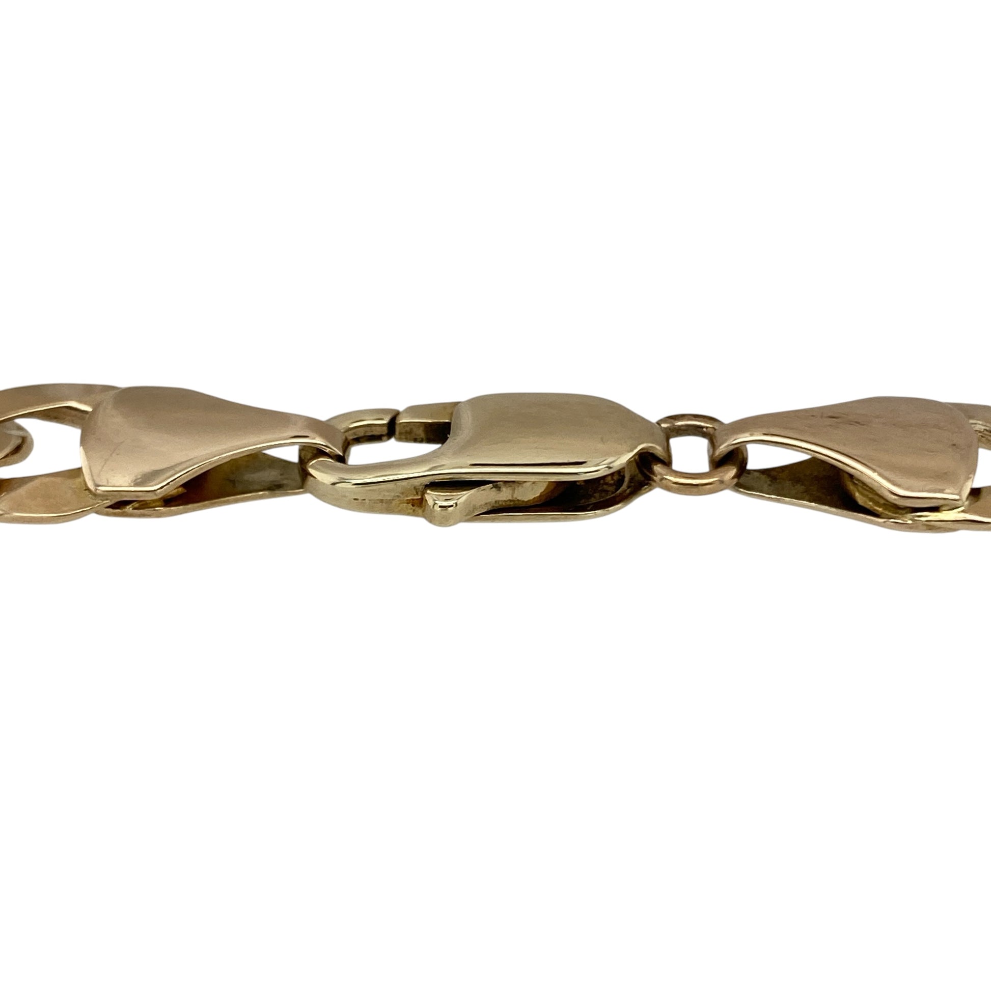 Make a bold and powerful statement with this pre-owned 9ct yellow gold curb bracelet—an eye-catching piece with timeless strength and classic appeal.

Design: The bracelet features a substantial 9mm wide curb link design, creating a strong and structured look with smooth, interlocking links that sit comfortably on the wrist.
Material: Made from 9-carat yellow gold, the polished finish enhances the rich, warm tone of the metal while adding a bright, reflective shine.