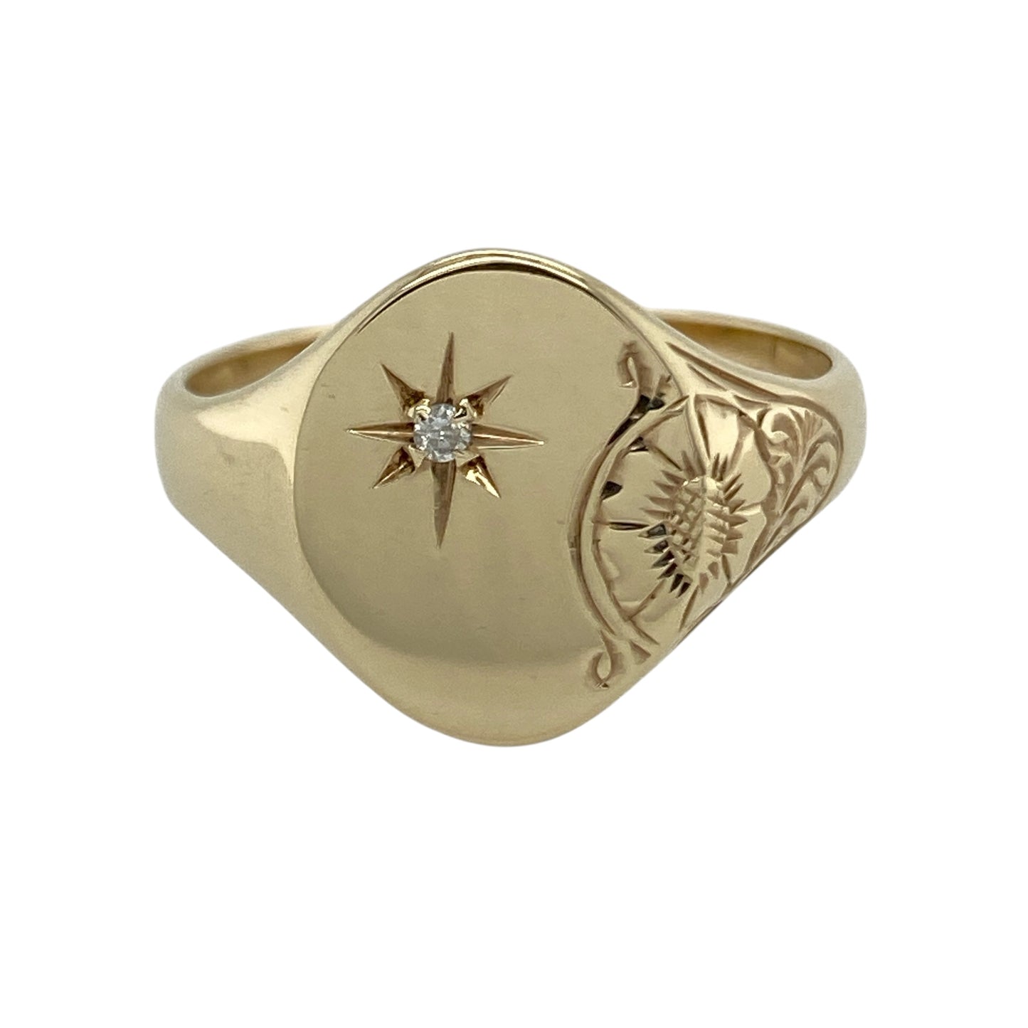 9ct Gold & Diamond Set Patterned Oval Signet Ring