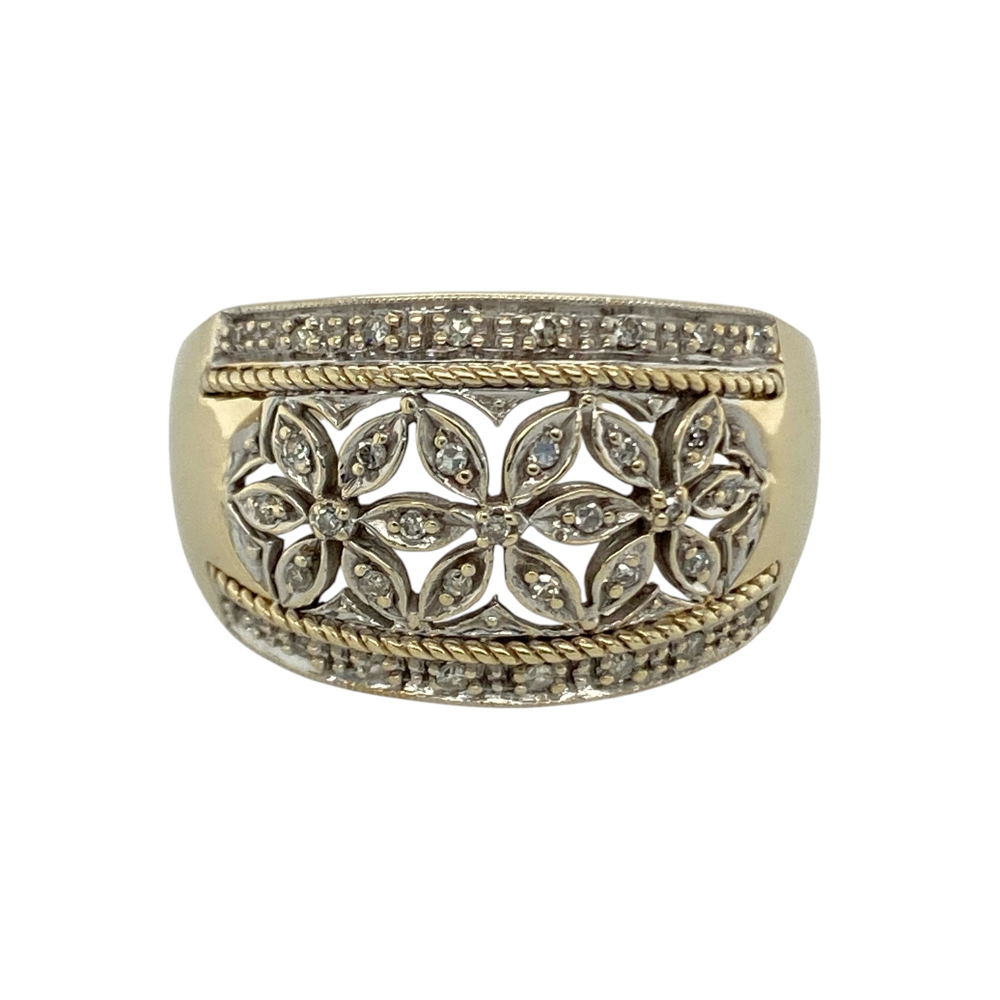 9ct Gold & Diamond Set Flower Patterned Wide Band Ring