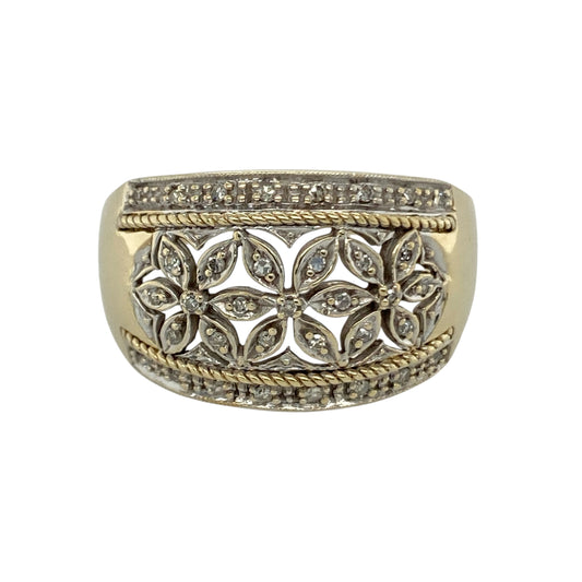 9ct Gold & Diamond Set Flower Patterned Wide Band Ring