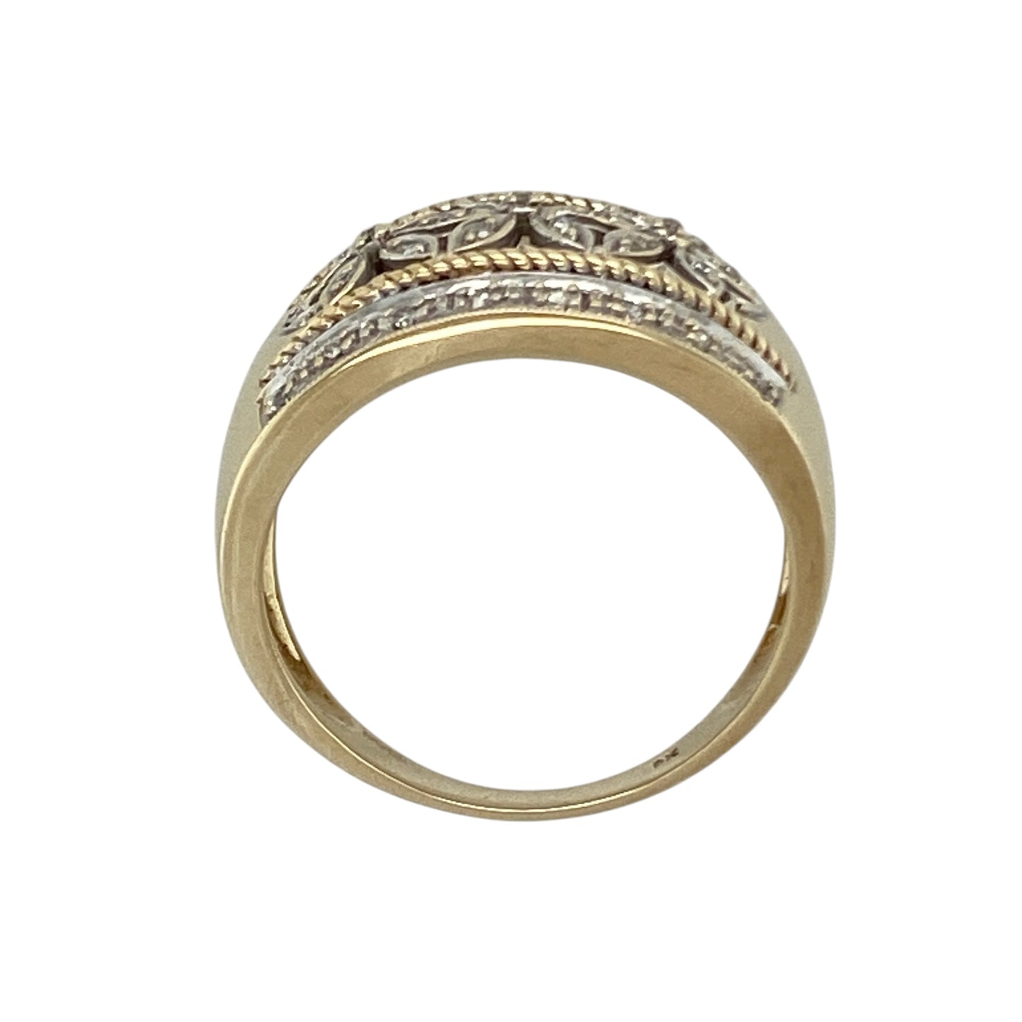 9ct Gold & Diamond Set Flower Patterned Wide Band Ring