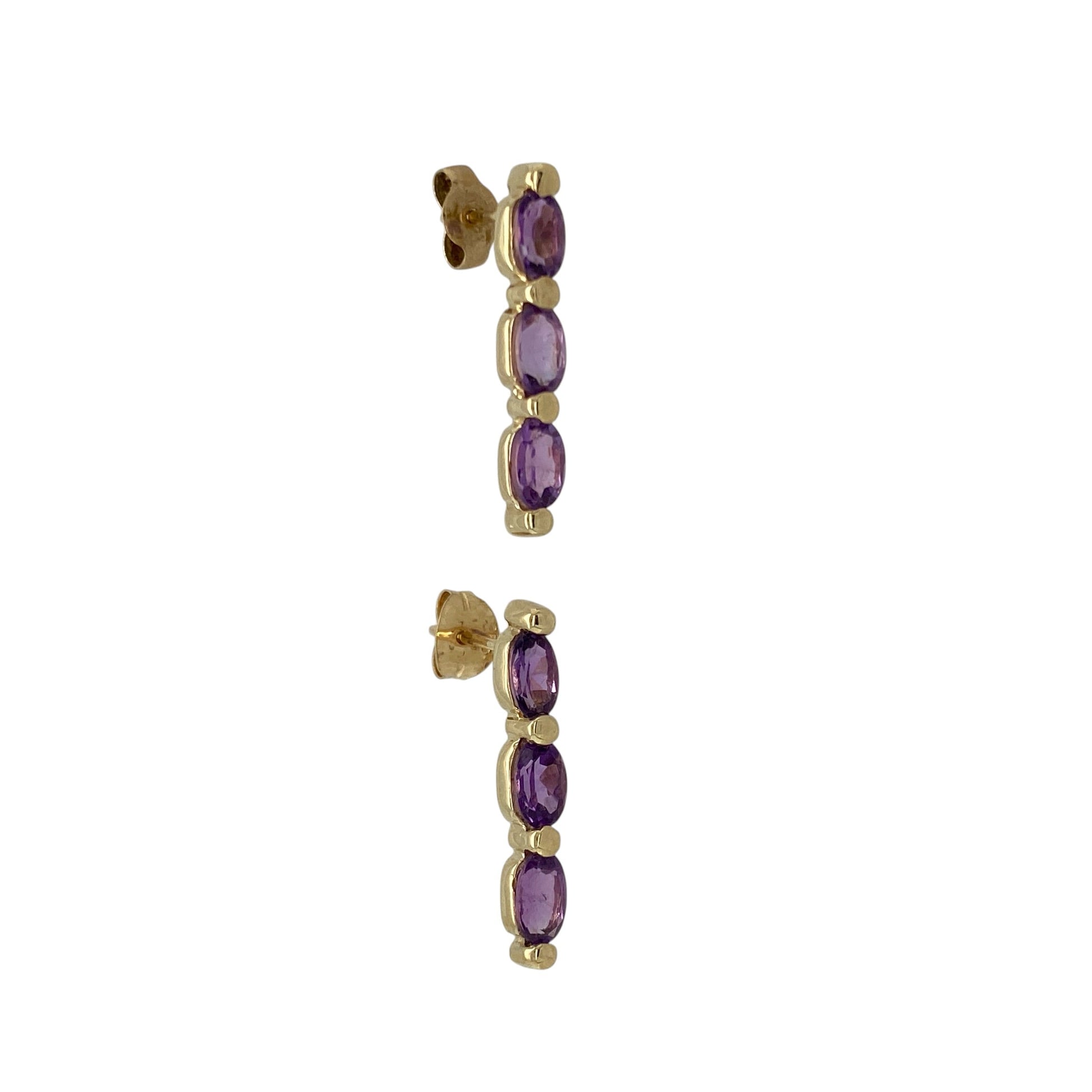 9ct Gold & Amethyst Set Three Stone Bar Stud Earrings