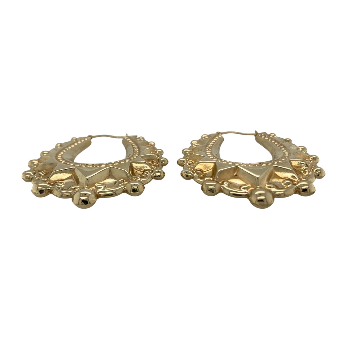 Bring bold style and eye-catching detail to your collection with these pre-owned 9ct yellow gold fancy patterned large creole earrings, offering statement appeal with classic gold elegance—perfect for elevating both everyday and occasion looks.

Design: The earrings feature a large creole hoop style with an intricate fancy patterned finish, creating texture and visual interest for a standout, decorative look.