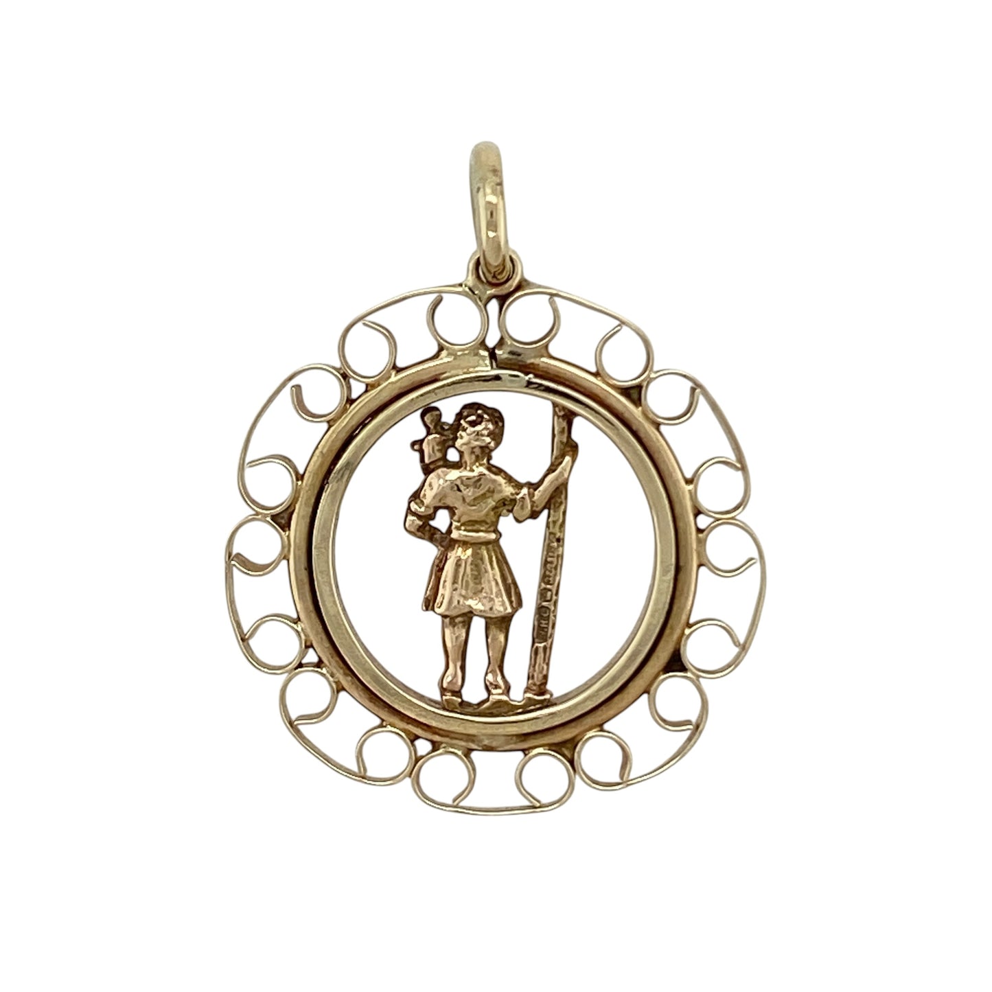 Bring meaningful symbolism and distinctive detail to your collection with this pre-owned 9ct yellow gold open St Christopher pendant, featuring a classic motif with an eye-catching decorative surround—perfect for everyday wear or a thoughtful gift.

Design: The pendant showcases a traditional open St Christopher design, framed by a patterned surround that adds texture and visual interest while maintaining a timeless circular form.