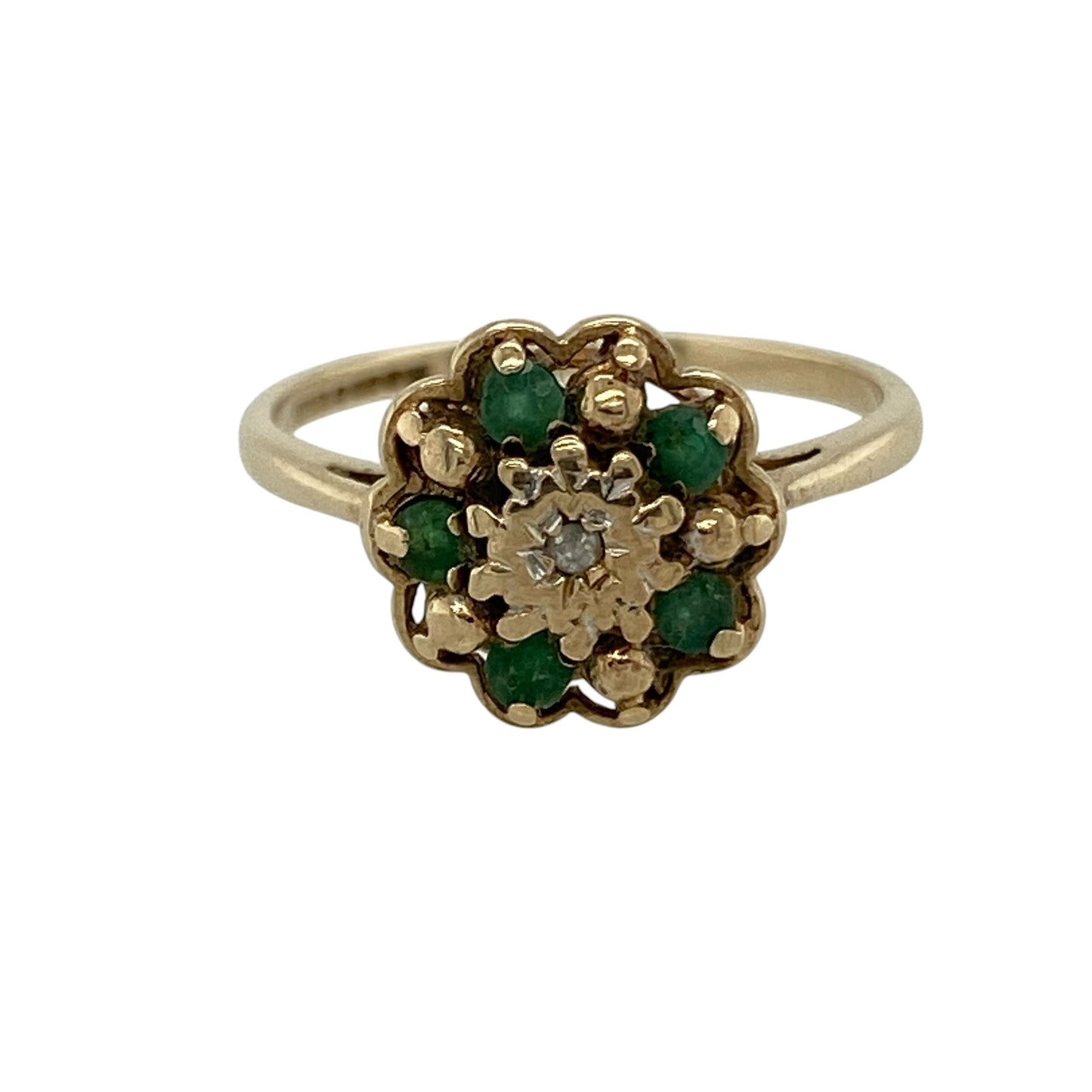 9ct Gold Diamond & Emerald Set Flower Cluster Ring