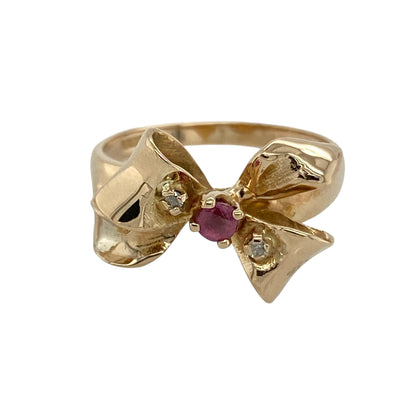 14ct Gold Diamond & Ruby Set Bow Ring