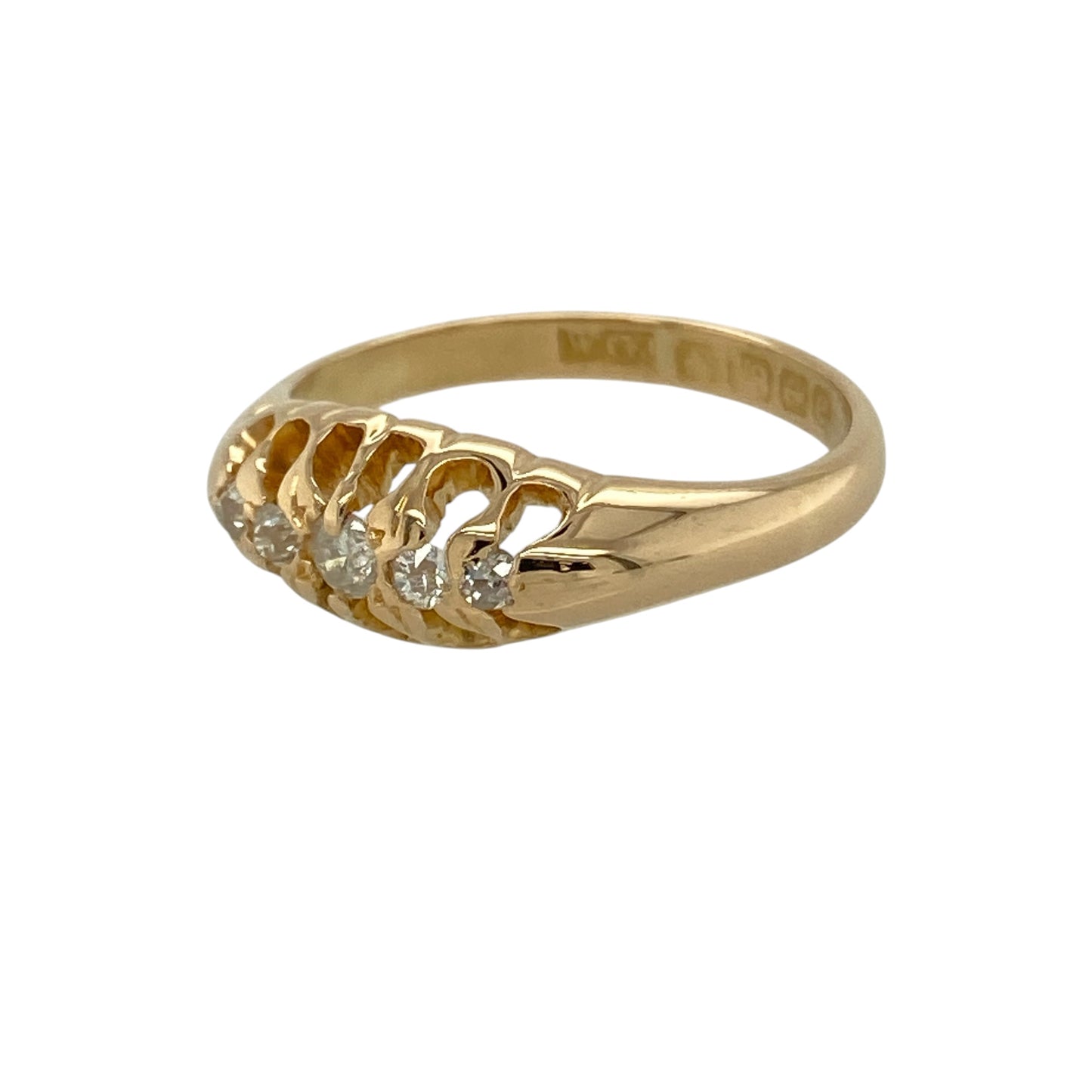 Bring vintage-inspired elegance and subtle sparkle to your collection with this pre-owned 18ct yellow gold diamond five stone ring, featuring classic styling and timeless appeal—perfect for everyday wear or special occasions.

Design: The ring showcases five diamonds arranged across the front in a vintage-style setting, measuring approximately 7mm in height, creating a refined and balanced look.