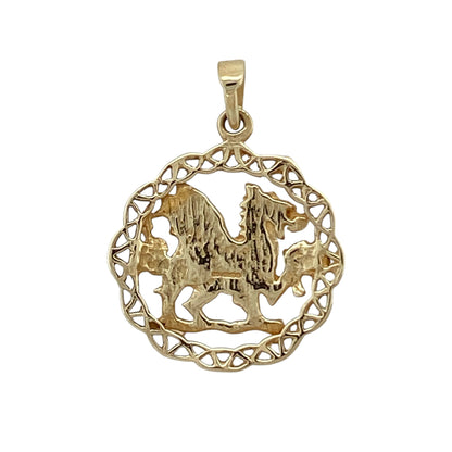 Bring heritage charm and symbolic style to your collection with this pre-owned 9ct yellow gold Welsh dragon pendant, featuring a bold motif with intricate Celtic detailing—perfect for everyday wear or a meaningful gift.

Design: The pendant showcases a round form with a detailed Welsh dragon at the centre, surrounded by a decorative Celtic-style border that adds texture and visual interest.