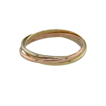 Bring timeless elegance and symbolic design to your collection with this pre-owned 9ct yellow, white and rose gold Russian wedding band style ring, featuring a classic interlocking design with meaningful appeal—perfect for everyday wear or a special occasion.

Design: The ring features three interlocking bands in yellow, white and rose gold, each approximately 1.5mm wide, sitting together at around 3mm to create a fluid and elegant layered look.