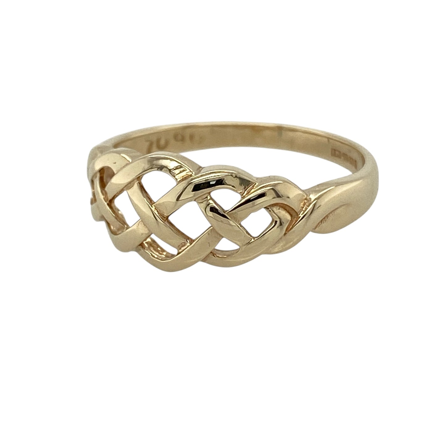 Bring timeless symbolism and intricate detail to your collection with this pre-owned 9ct yellow gold open Celtic knot ring, featuring a classic design with meaningful appeal—perfect for everyday wear or a distinctive statement piece.

Design: The ring showcases an open Celtic knot design across the front, measuring approximately 8mm in height, creating an elegant and flowing pattern with a traditional feel.