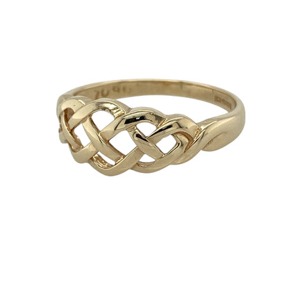 Bring timeless symbolism and intricate detail to your collection with this pre-owned 9ct yellow gold open Celtic knot ring, featuring a classic design with meaningful appeal—perfect for everyday wear or a distinctive statement piece.

Design: The ring showcases an open Celtic knot design across the front, measuring approximately 8mm in height, creating an elegant and flowing pattern with a traditional feel.