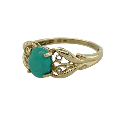 Bring vibrant colour and classic elegance to your collection with this pre-owned 9ct yellow gold turquoise ring, featuring a striking centre stone and decorative detail—perfect for everyday wear or adding a pop of colour to any look.

Design: The ring showcases an 8mm by 6mm oval turquoise-coloured stone at the centre, complemented by open style patterned shoulders that add texture and visual interest.