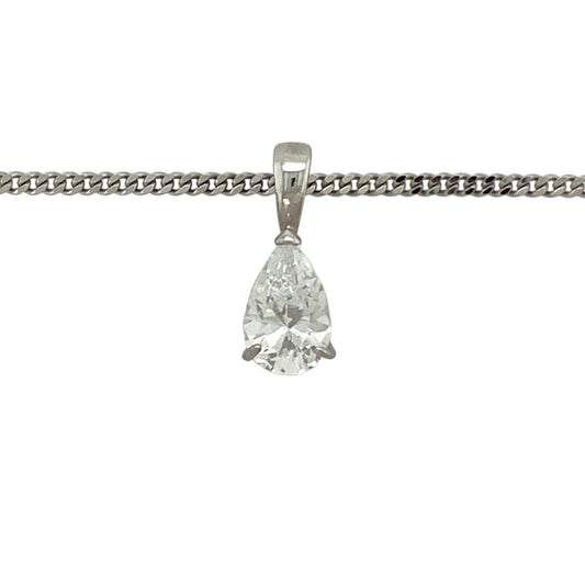 Bring elegant sparkle and timeless style to your collection with this pre-owned 9ct white gold cubic zirconia teardrop pendant necklace, featuring a graceful design with refined brilliance—perfect for everyday wear or special occasions.

Design: The pendant features an 8mm by 5mm teardrop-shaped cubic zirconia, with an overall length of approximately 1.4cm including the bail, suspended from an 18" curb chain for a classic and balanced look.