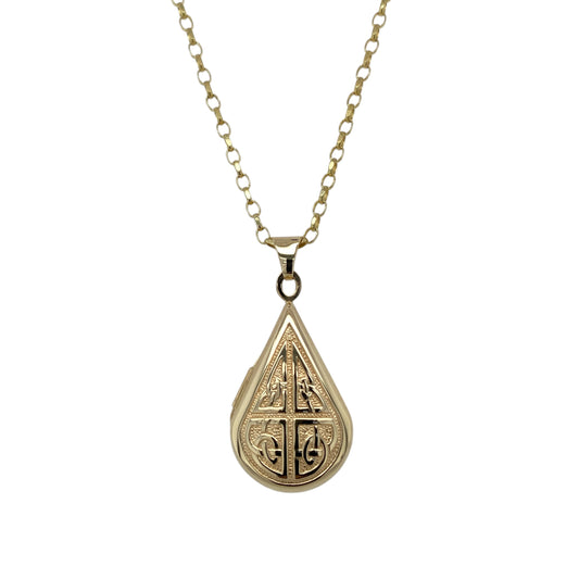 9ct Gold Celtic Patterned Teardrop Locket 18" Necklace