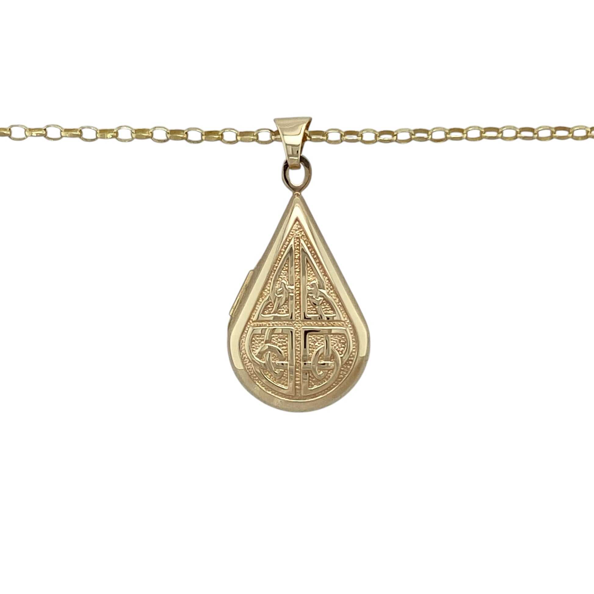 Bring timeless heritage style and sentimental charm to your collection with this pre-owned 9ct yellow gold Celtic patterned teardrop locket necklace, featuring intricate detail and classic appeal—perfect for everyday wear or a meaningful gift.

Design: The pendant features a teardrop-shaped locket measuring approximately 3cm in length including the bail, finished with a decorative Celtic pattern that adds texture and traditional character, suspended from an 18" belcher chain.