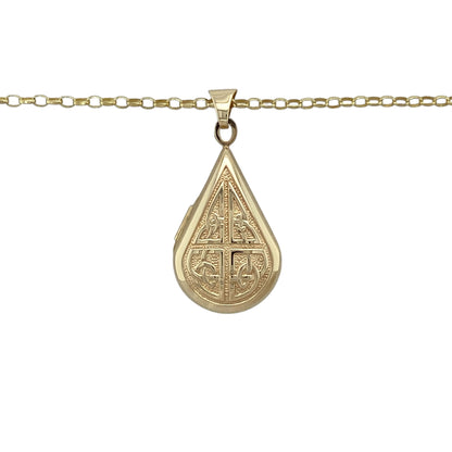 Bring timeless heritage style and sentimental charm to your collection with this pre-owned 9ct yellow gold Celtic patterned teardrop locket necklace, featuring intricate detail and classic appeal—perfect for everyday wear or a meaningful gift.

Design: The pendant features a teardrop-shaped locket measuring approximately 3cm in length including the bail, finished with a decorative Celtic pattern that adds texture and traditional character, suspended from an 18" belcher chain.