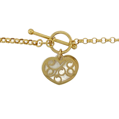Bring soft elegance and timeless charm to your collection with this pre-owned 9ct yellow gold mother of pearl patterned heart pendant necklace, featuring a romantic design with a classic finish—perfect for everyday wear or a meaningful gift.

Design: The pendant features a heart-shaped form measuring approximately 15mm by 19mm, inlaid with mother of pearl and finished with a subtle patterned detail, suspended from a 16" belcher chain with a T-bar fastening for a traditional look.