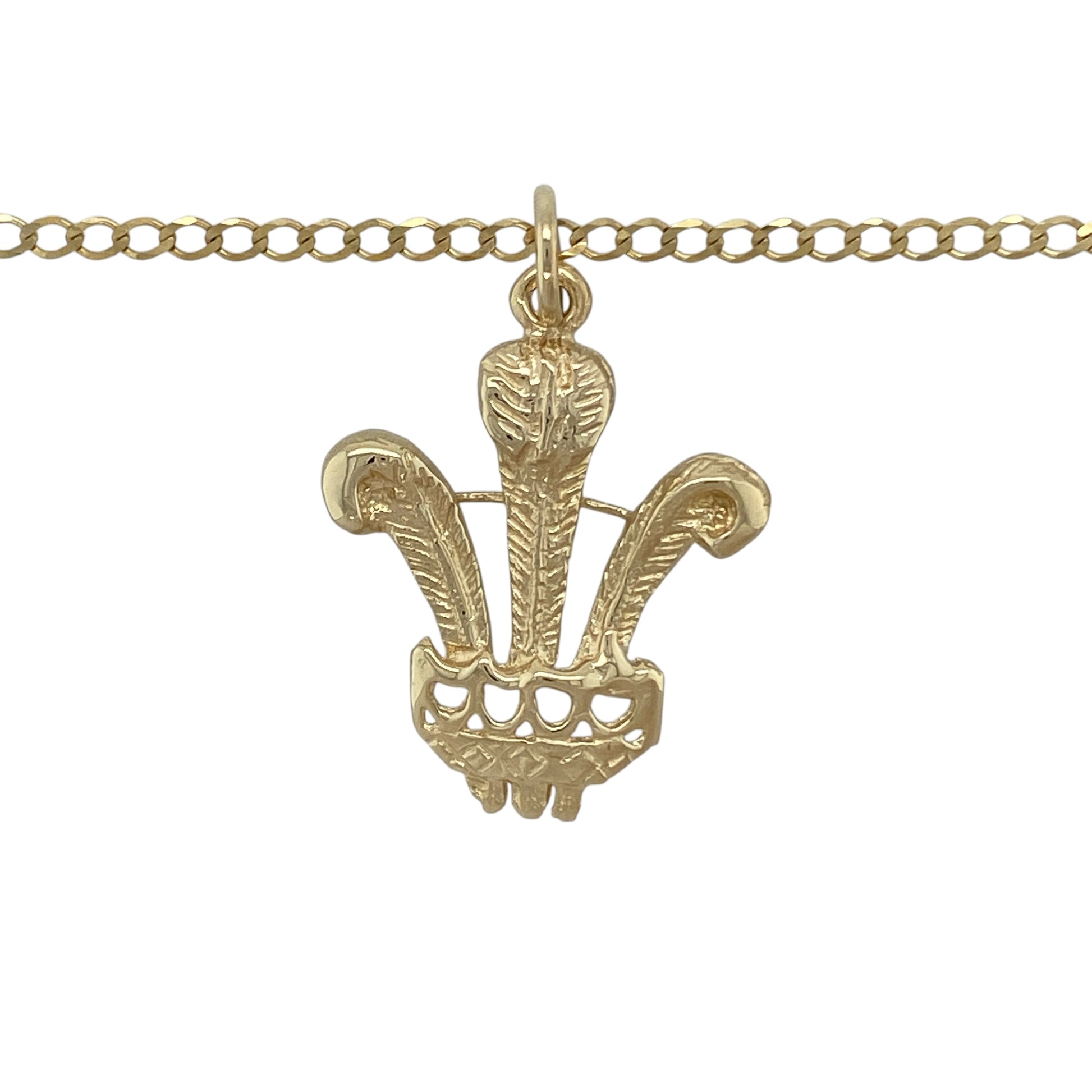 Bring heritage pride and timeless style to your collection with this pre-owned 9ct yellow gold Welsh Three Feathers pendant necklace, featuring a bold symbolic design with classic appeal—perfect for everyday wear or a meaningful gift.

Design: The pendant showcases the iconic Welsh Three Feathers motif, measuring approximately 3.5cm in length including the bail, creating a striking and recognisable look, suspended from an 18" curb chain.