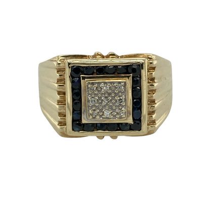 9ct Gold Diamond & Sapphire Set Square Signet Ring