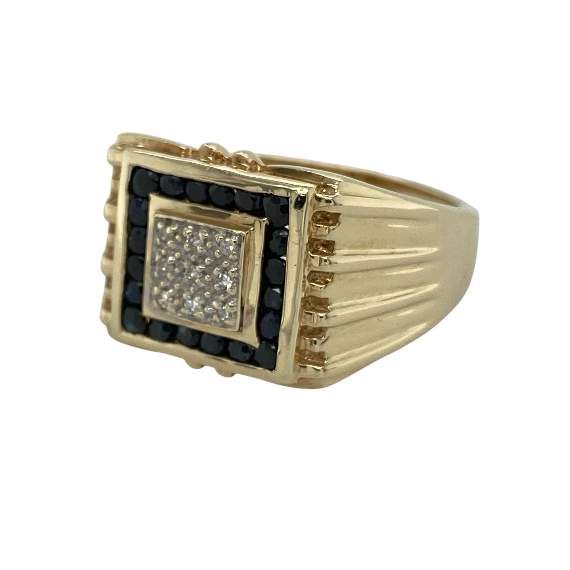 Bring bold style and classic elegance to your collection with this pre-owned 9ct yellow gold diamond and sapphire square signet ring, featuring a striking design with refined sparkle—perfect for everyday wear or a standout statement piece.

Design: The ring showcases a square signet face measuring approximately 14mm in height, set with deep blue sapphires and sparkling diamonds to create a bold and eye-catching look.