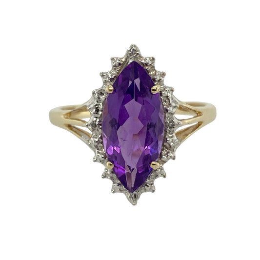 9ct Gold Diamond & Amethyst Set Cluster Ring