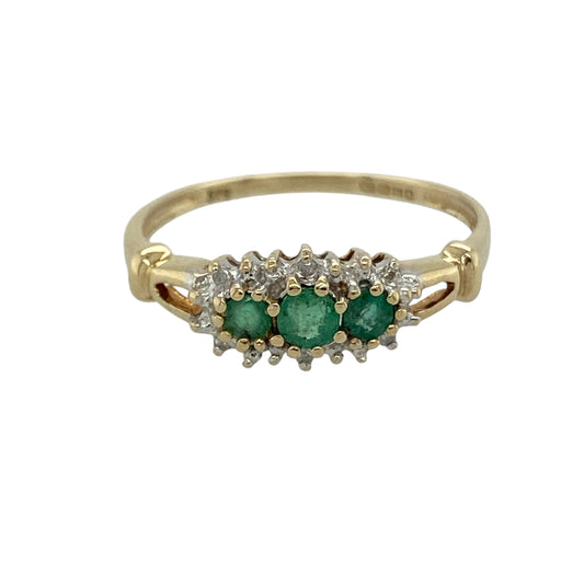 9ct Gold Diamond & Emerald Set Trilogy Cluster Ring