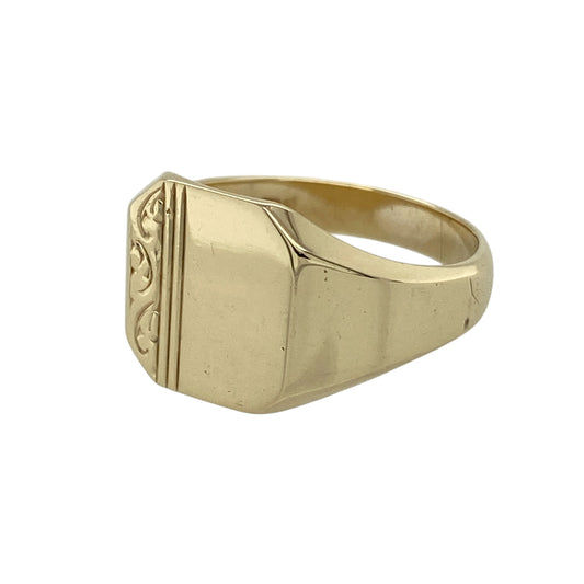 Bring classic character and timeless style to your collection with this pre-owned 9ct yellow gold patterned signet ring, featuring a bold profile with traditional detailing—perfect for everyday wear or a standout statement piece.

Design: The ring showcases a signet-style front measuring approximately 13mm in height, finished with a subtle patterned detail that adds texture and visual interest to the classic shape.