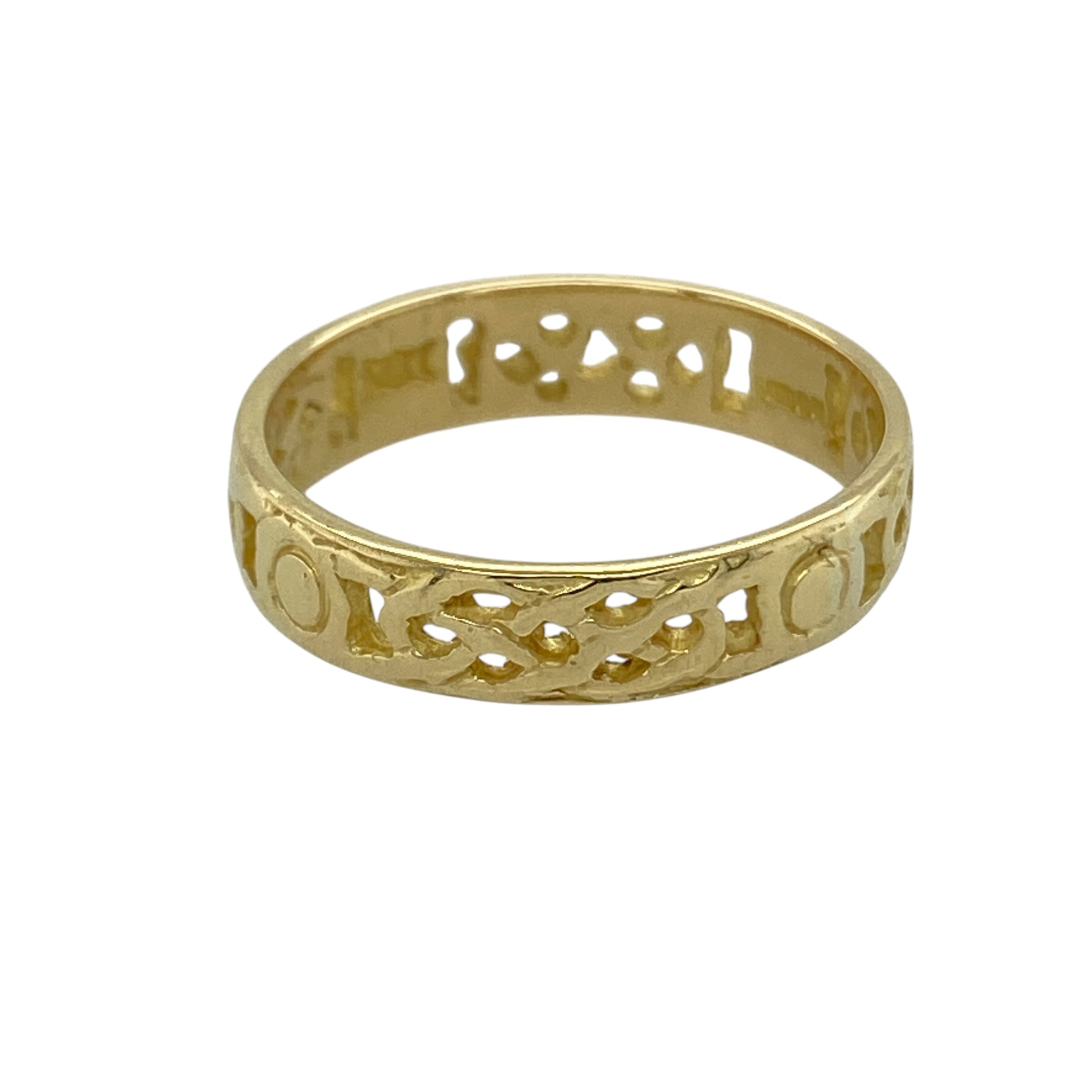 Bring timeless symbolism and elegant design to your collection with this pre-owned 18ct yellow gold open Celtic style band ring, featuring intricate detailing and classic appeal—perfect for everyday wear or a meaningful gift.

Design: The ring features an open Celtic style pattern across the band, measuring approximately 5mm in width, creating a flowing and decorative look with traditional influence.